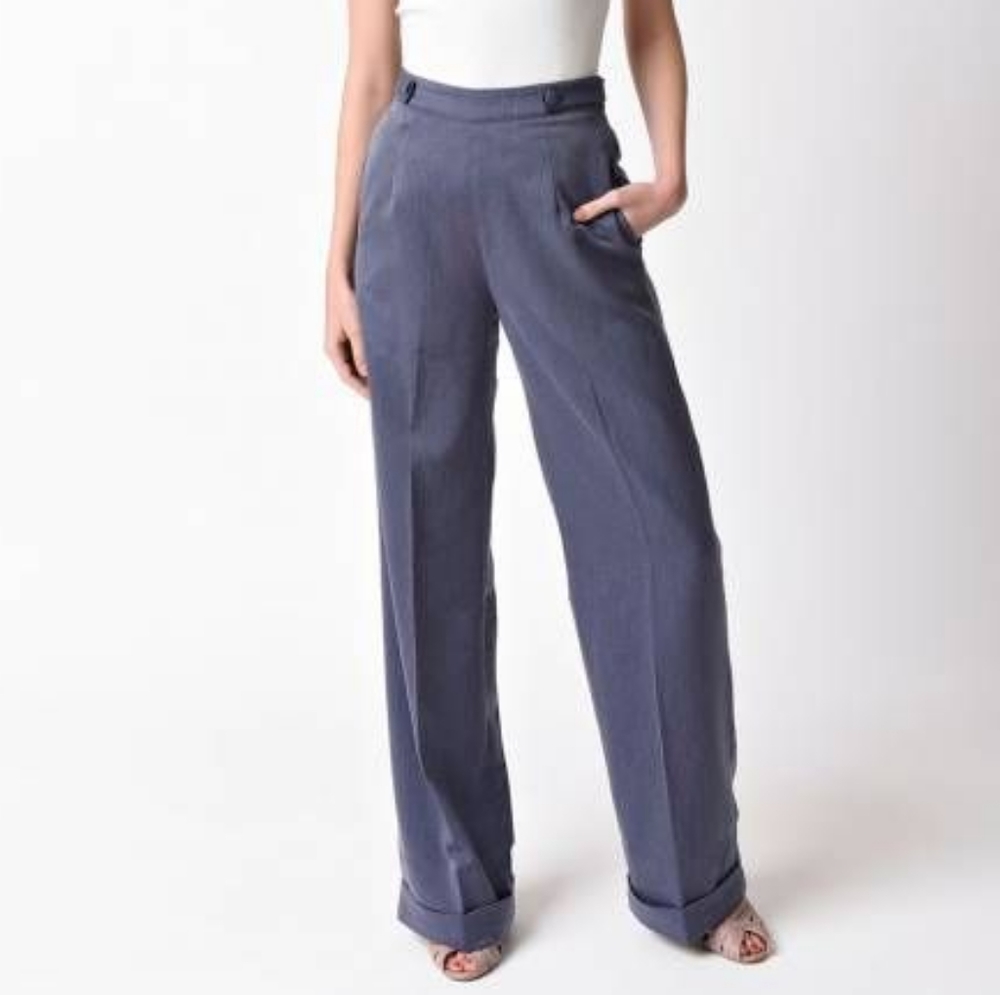 Blue High Waist Vintage-Style Pants